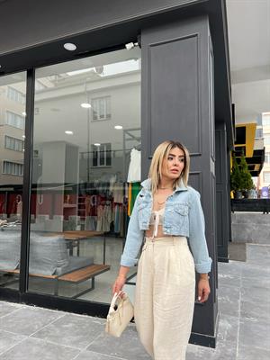 Yırtık Detaylı Crop Denim Ceket