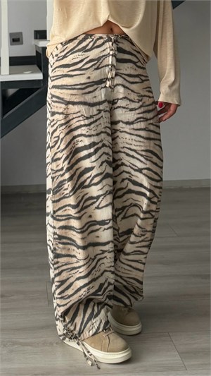 Zebra Print Trousers with Tie Waist and Hem