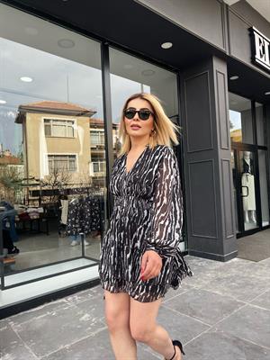 Zebra Desen Katlı Şifon Elbise