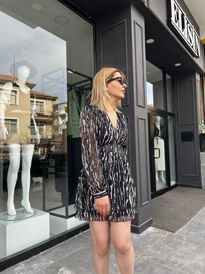 Zebra Desen Katlı Şifon Elbise