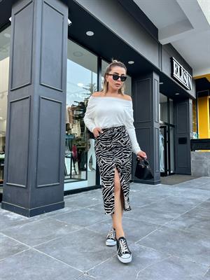 Zebra Desen Önü Düğmeli Midi Boy Etek 