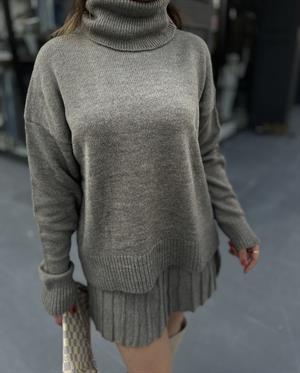Zr Model Gri Balıkçı Yaka Triko -Etek Takım