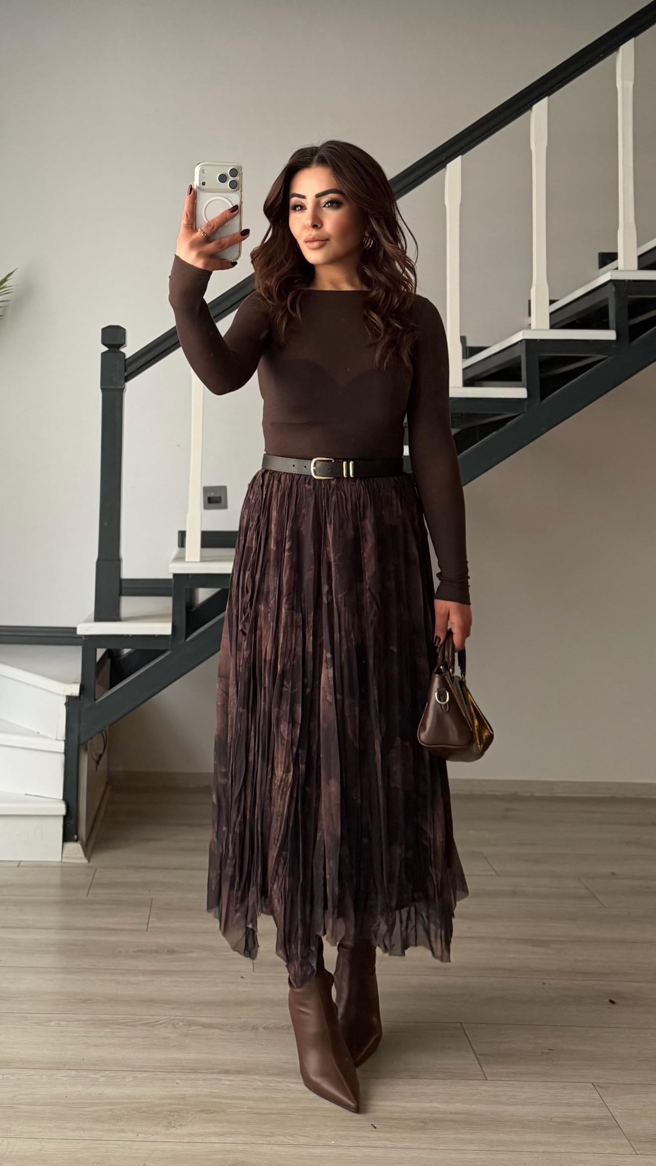 Dark Brown Lined Asymmetrical Skirt with Elastic Waistband