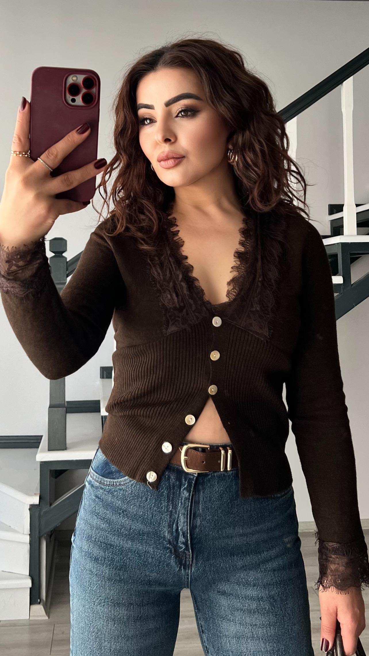 Dark Brown Cardigan with Lace Details