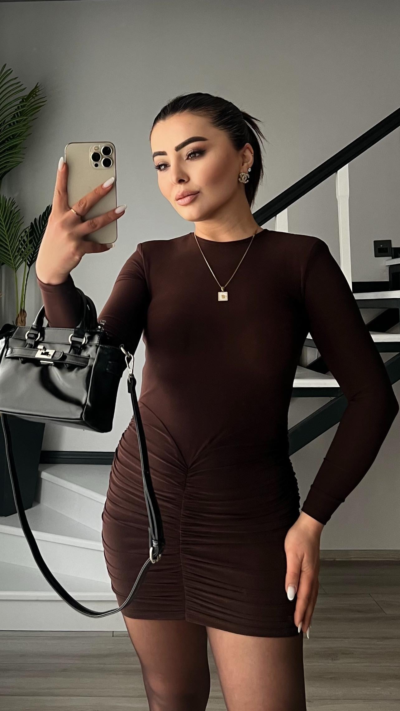 Dark Brown Drape Detail Padded Mini Dress