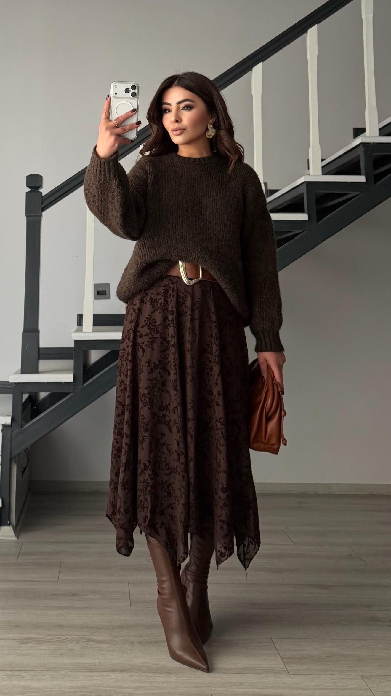 Dark Coffee Embossed Patterned Lined Asymmetrical Skirt