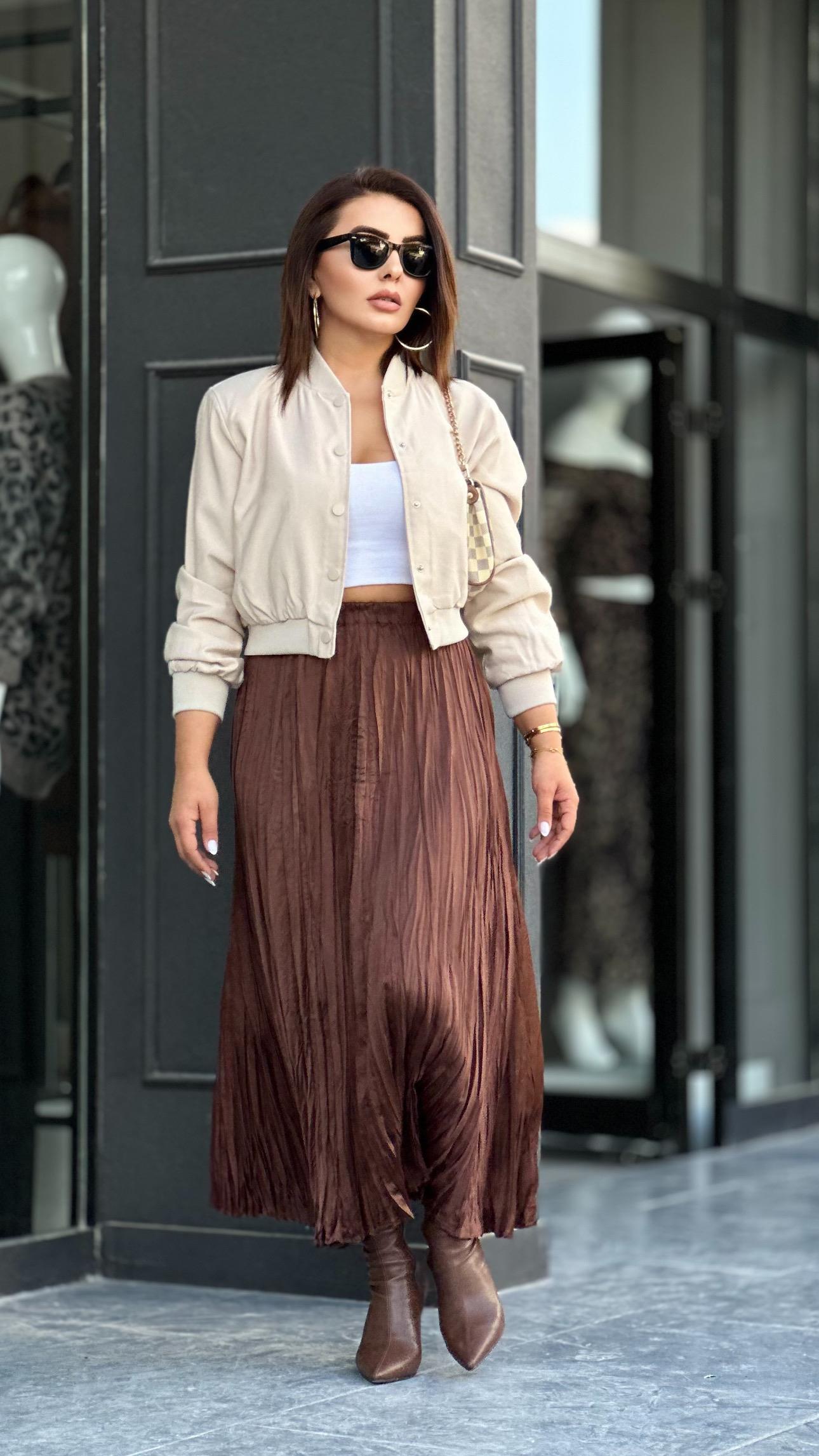 Acı Kahve Kraşlı Beli Lastikli Etek