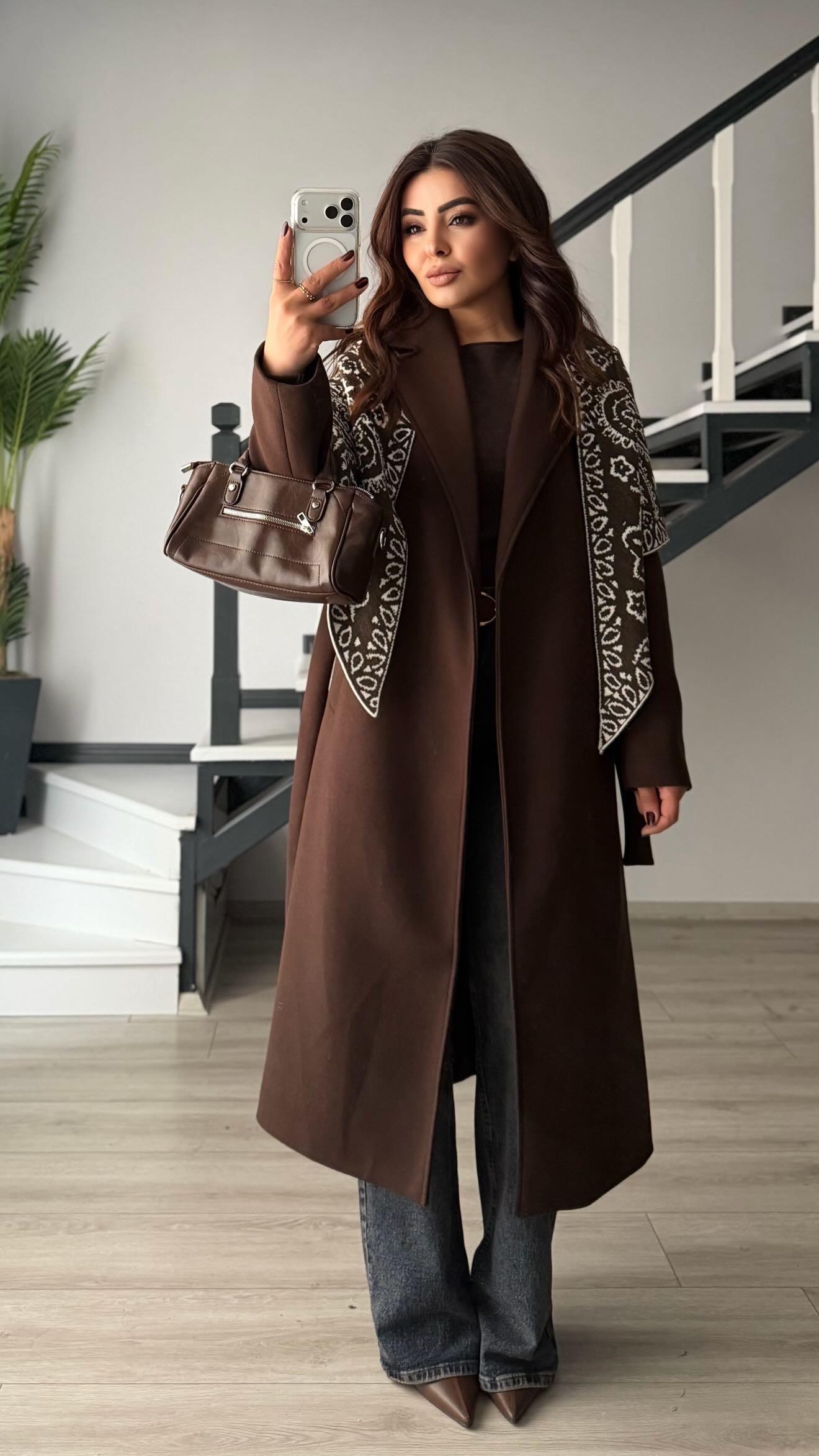Acı Kahve Premium Astarlı Kuşaklı Kaban
