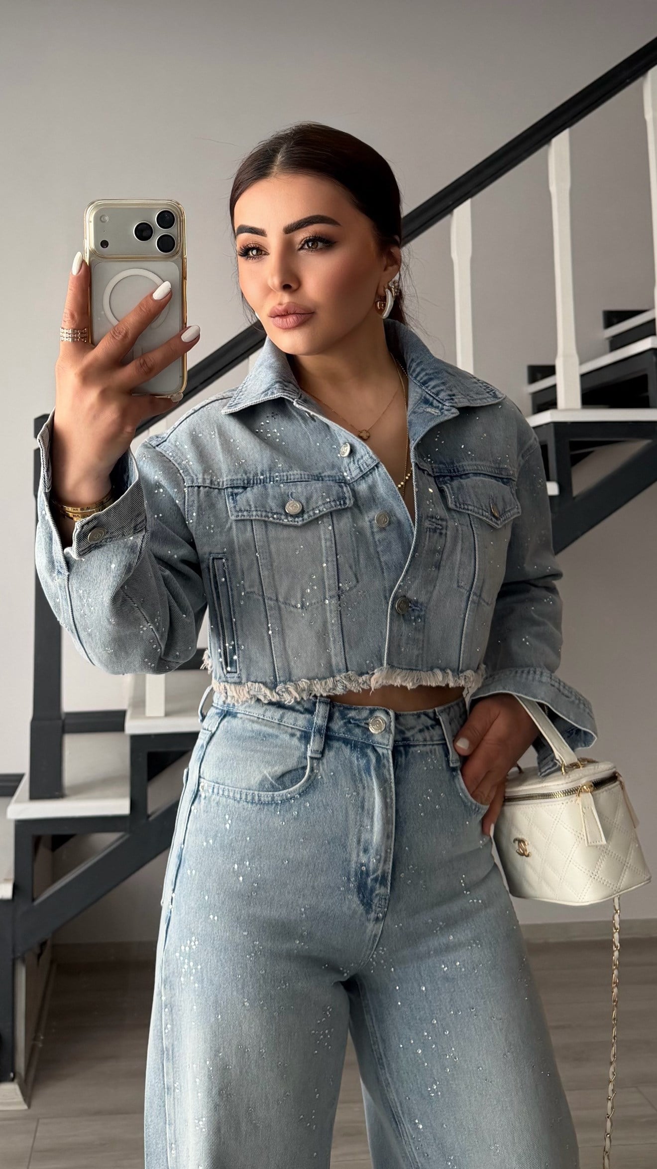 Açık Mavi Taşlı Crop Denim Ceket