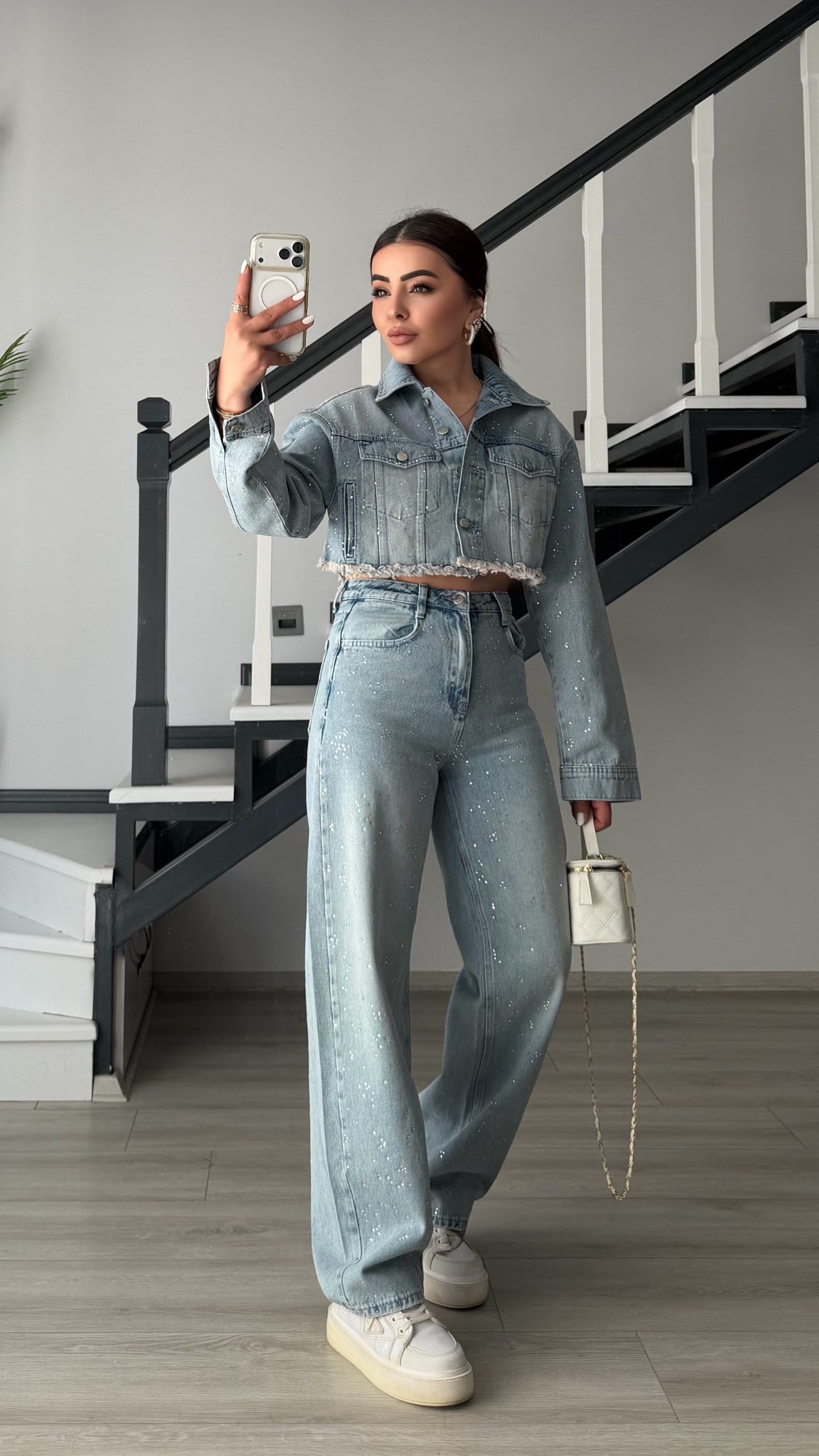 Açık Mavi Taşlı Wide Leg Jean