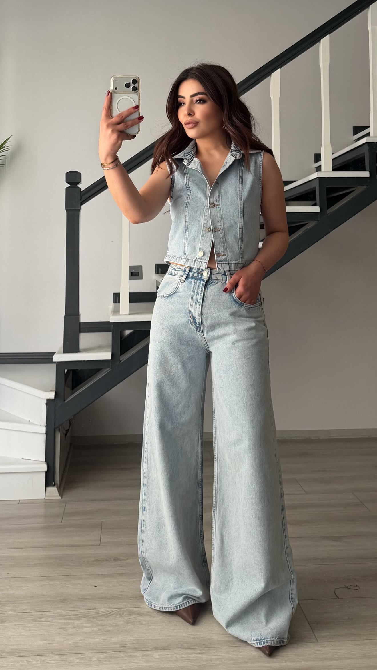 Açık Mavi Yelek-Pantolon Denim Takım