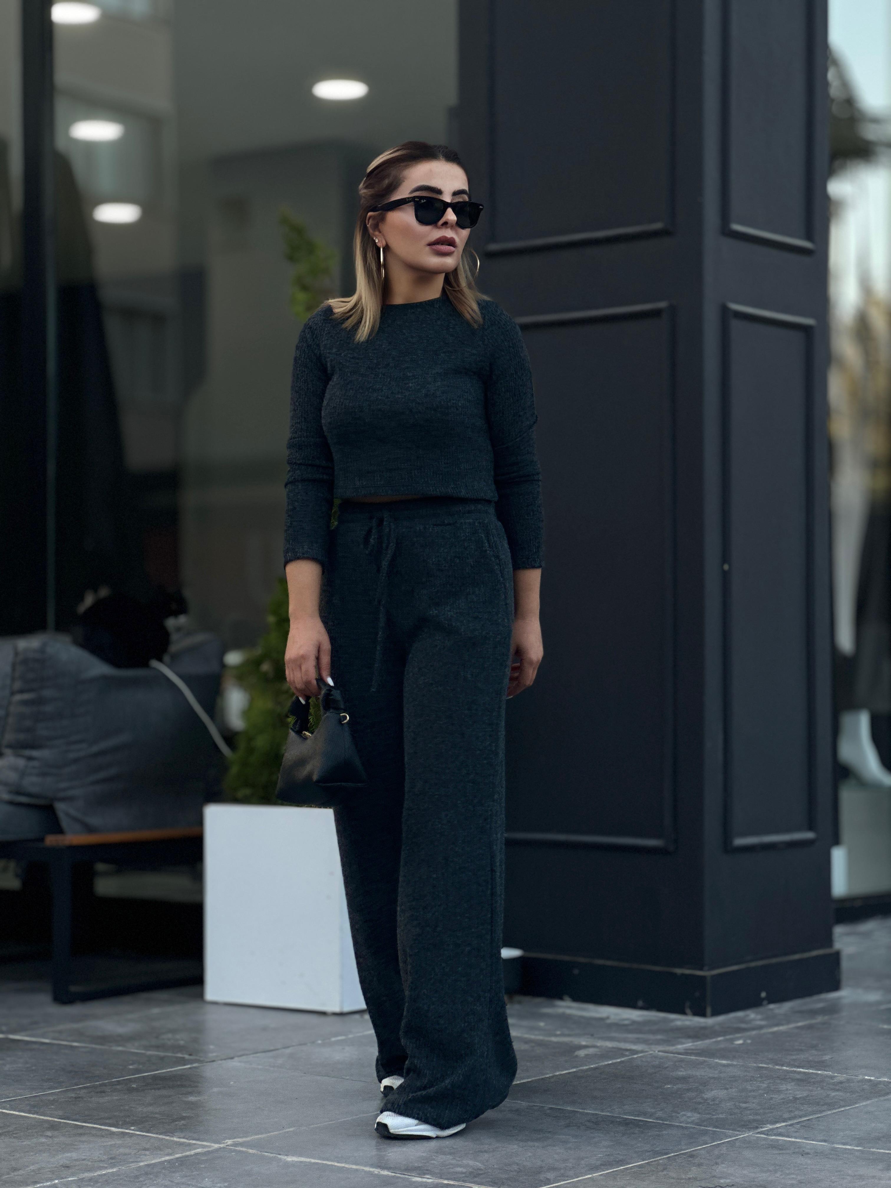 Antrasit Beli Lastikli Bol Paça Pantolonlu Crop Takım