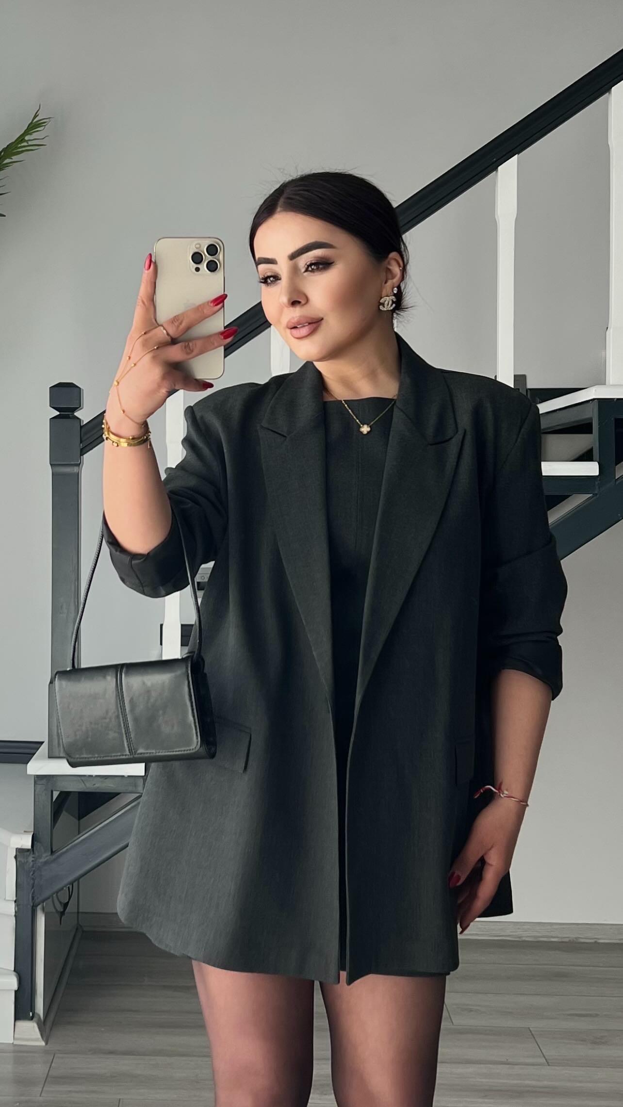 Antrasit Tek Düğme Oversize Blazer Ceket