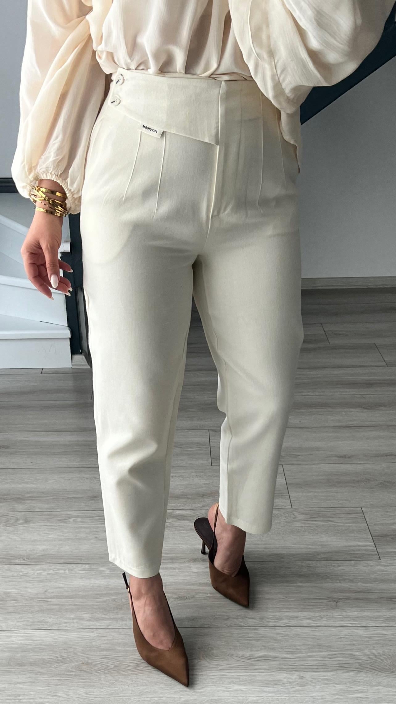 Bej Bel Detaylı Keten Pantolon 