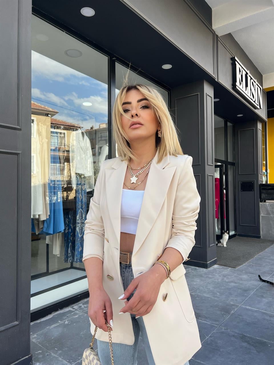Bej Gold Düğmeli Atlas Kumaş Blazer Ceket