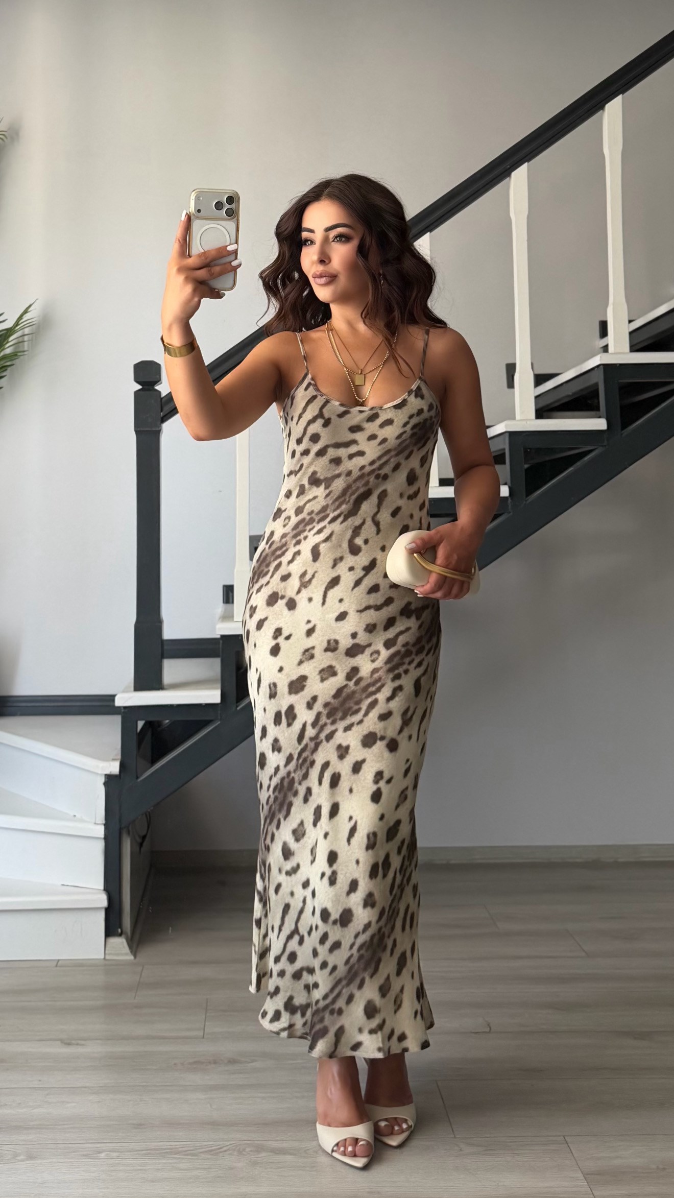 Beige-Brown Patterned Satin Dress with Adjustable Straps