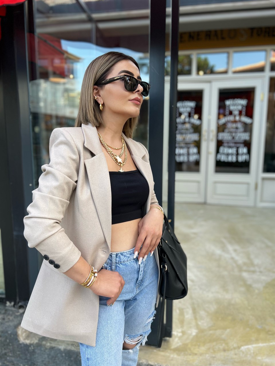 Bej Yün Efekt Blazer Ceket