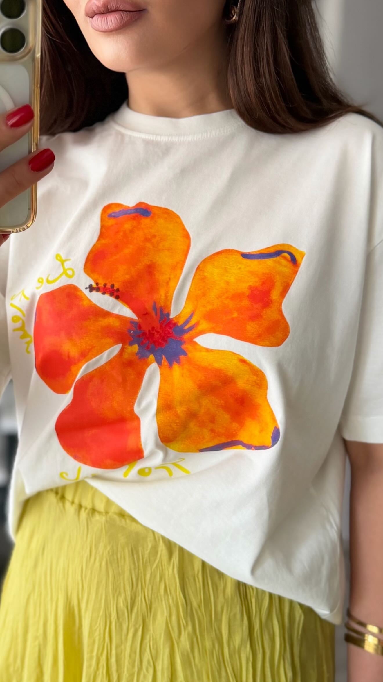 White Flower Printed T-Shirt