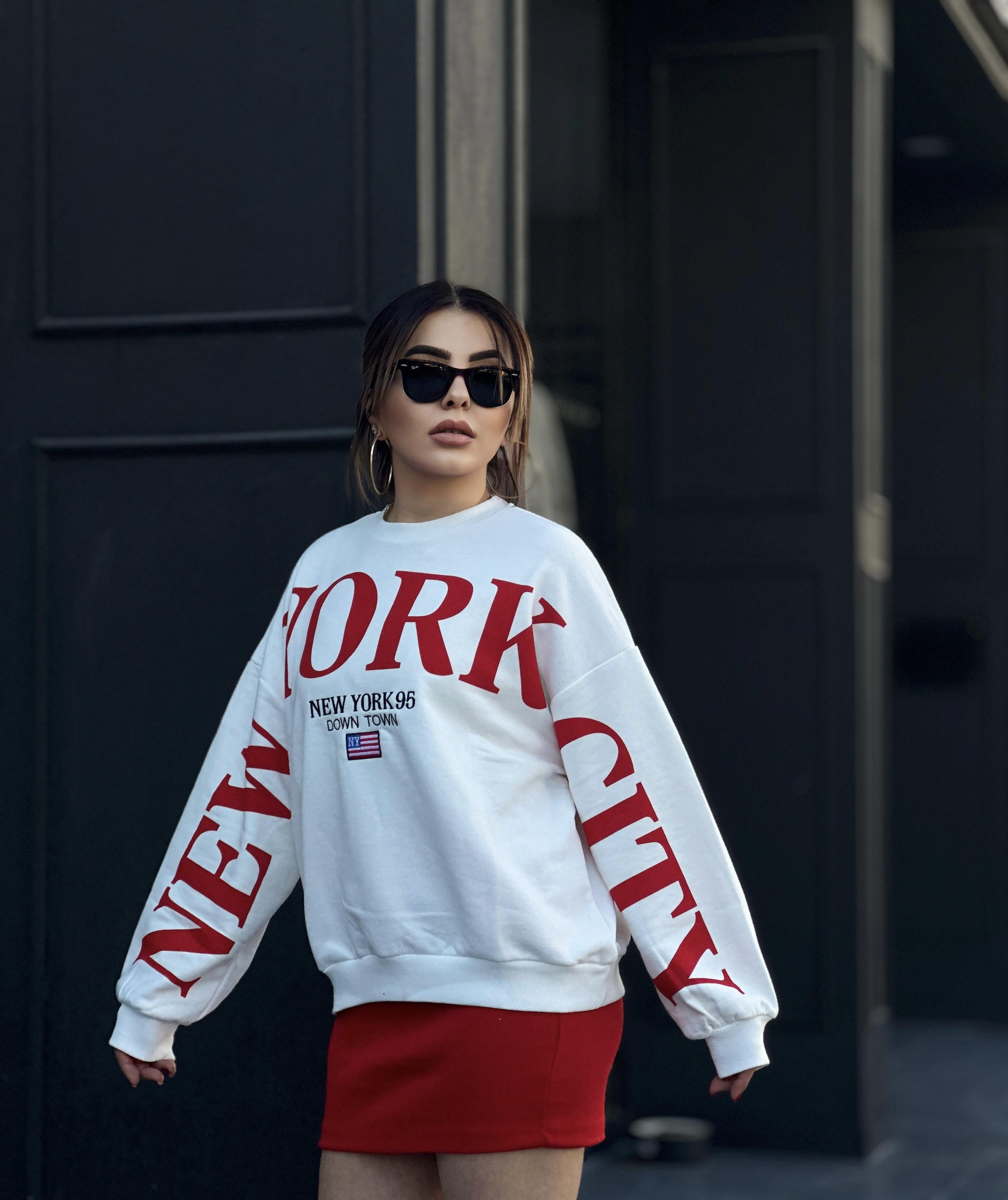Beyaz NEWYORK Baskılı Sweatshirt 