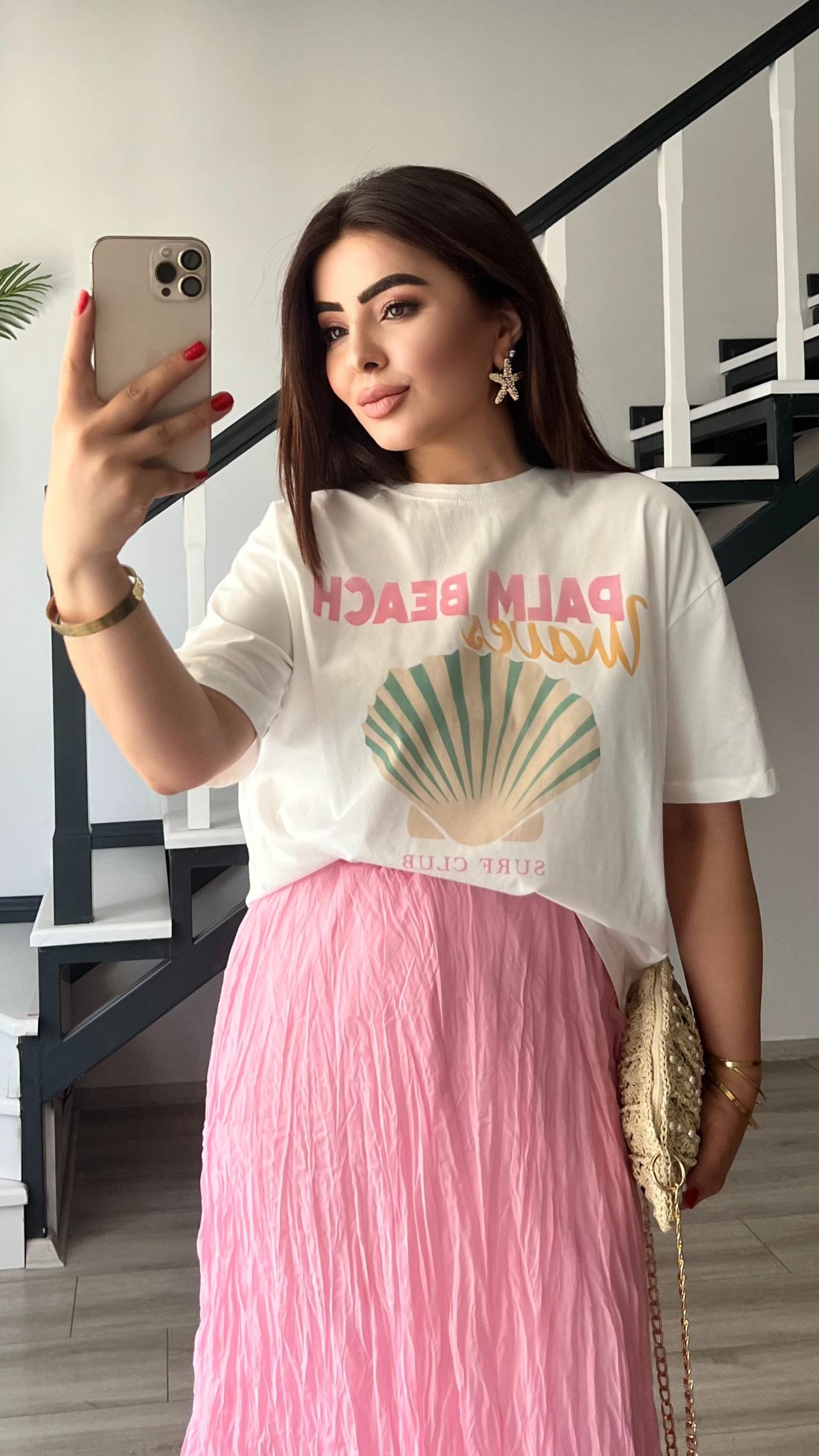 Beyaz Palm Beach Baskılı Tshirt