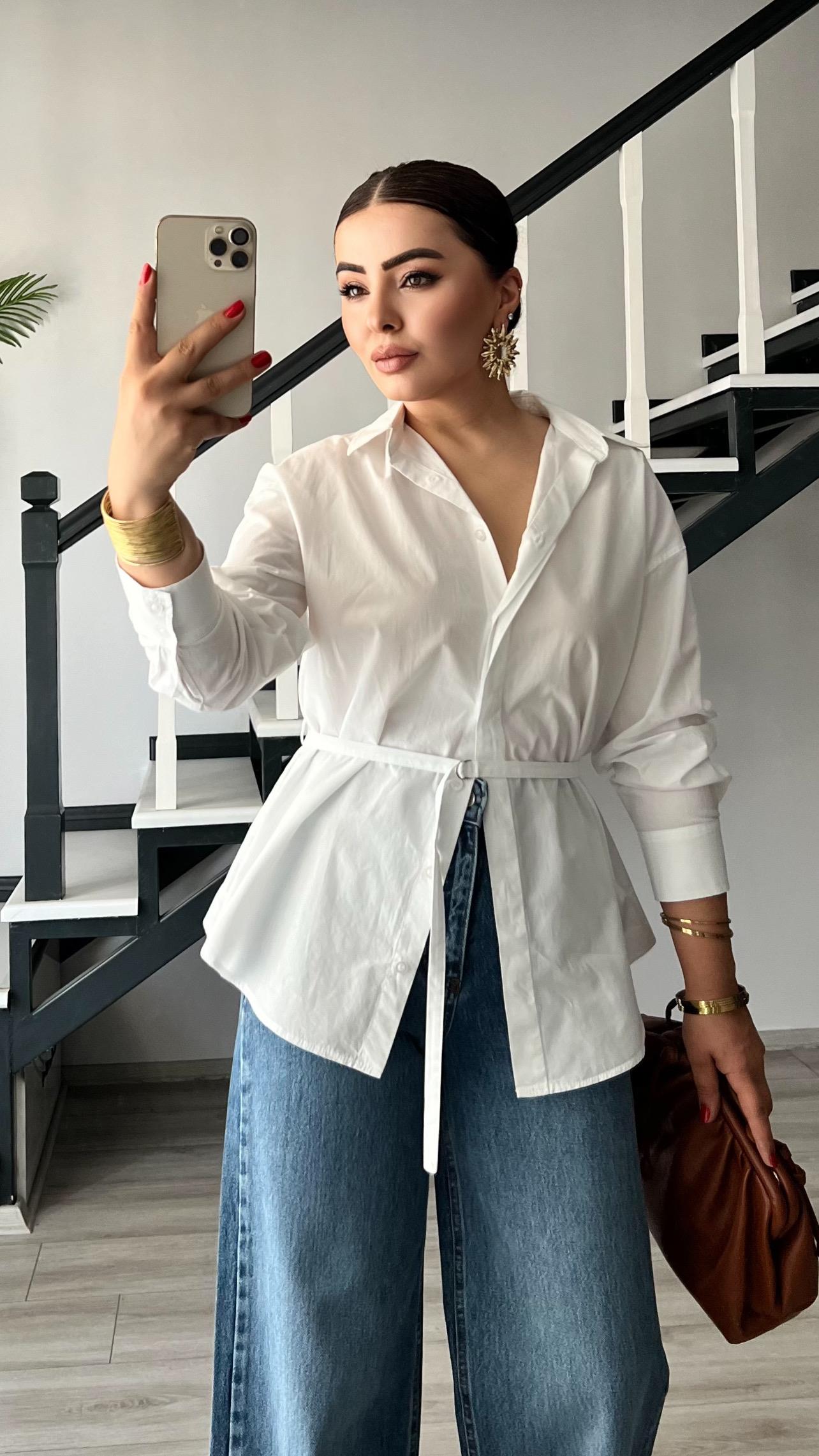 Beyaz Premium Kemerli Poplin Gömlek