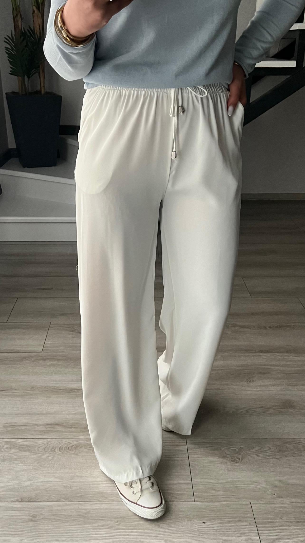 Beyaz Tensel Kumaş Beli Lastikli Pantolon