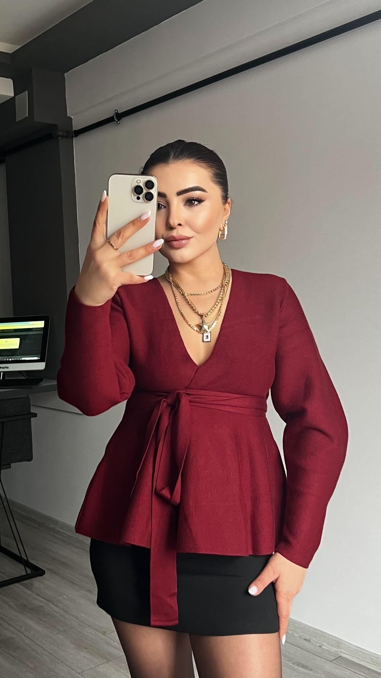 Burgundy Cardigan with Steel Mesh Belt