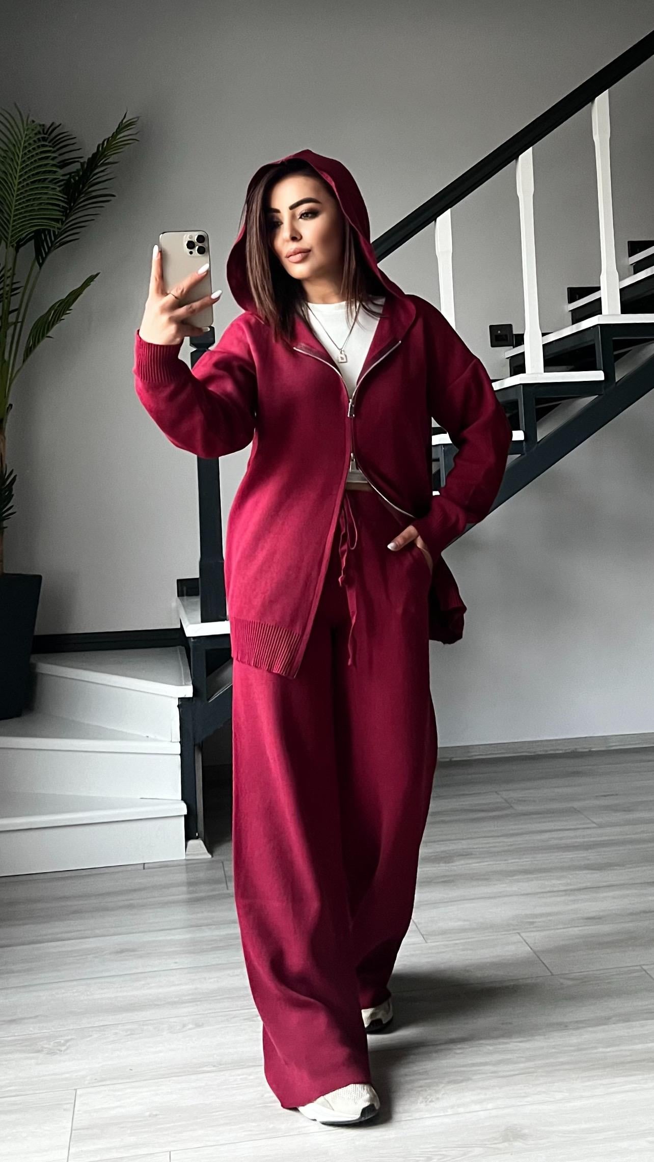 Bordo Çift Fermuar Detaylı Kapüşonlu Triko Takım