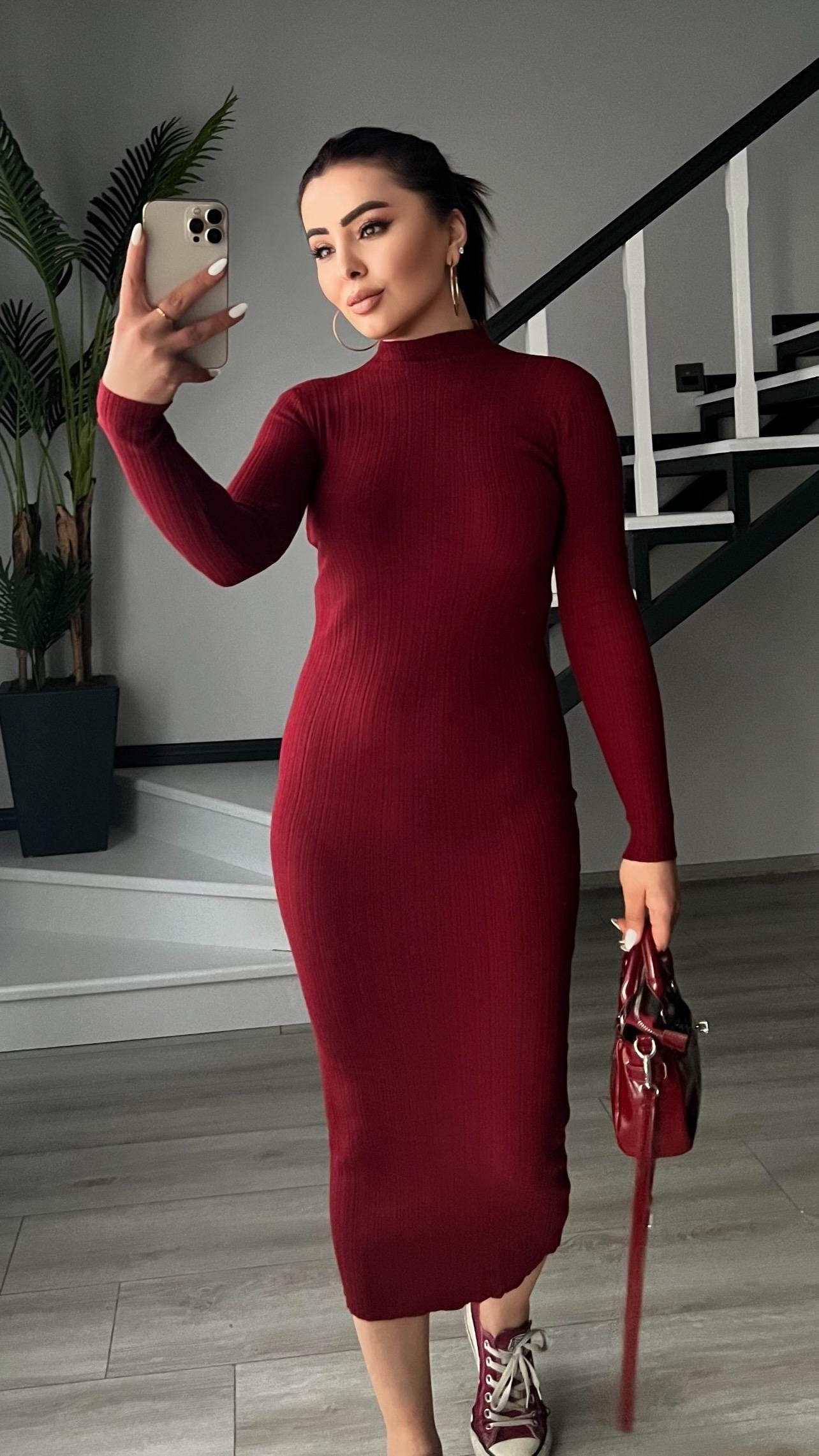 Bordo Dik Yaka Fitilli Triko Elbise