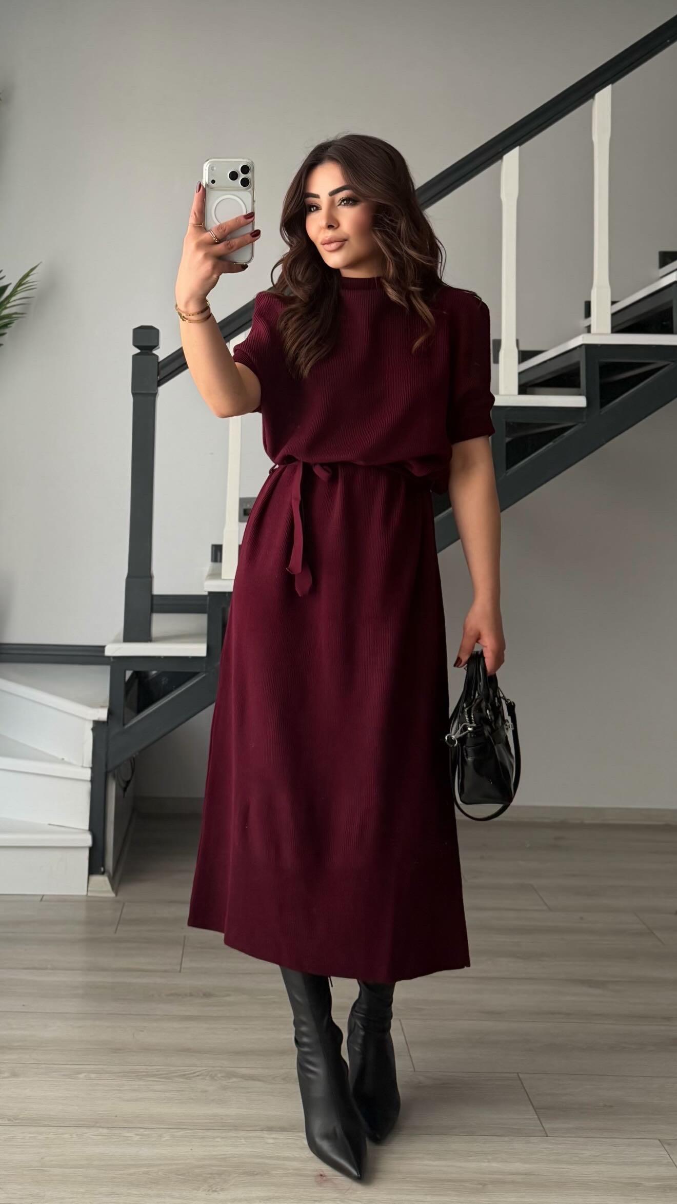 Bordo Dik Yaka Kuşaklı Fitilli Triko Elbise