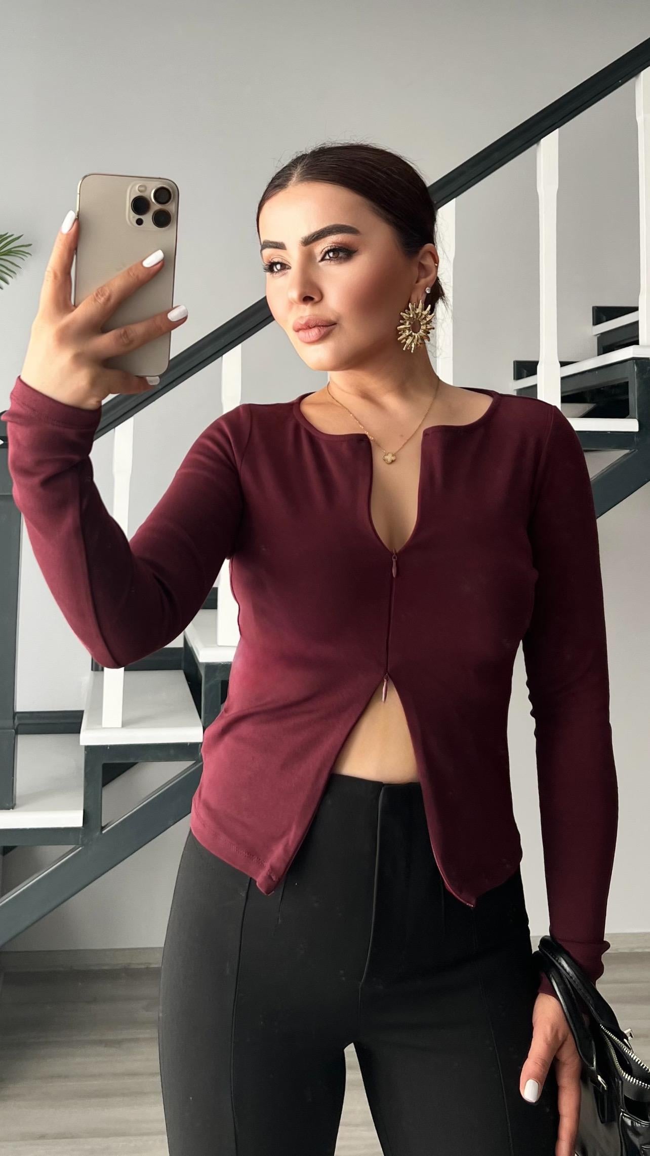 Bordo Fermuar Detaylı Uzun Kollu Bluz