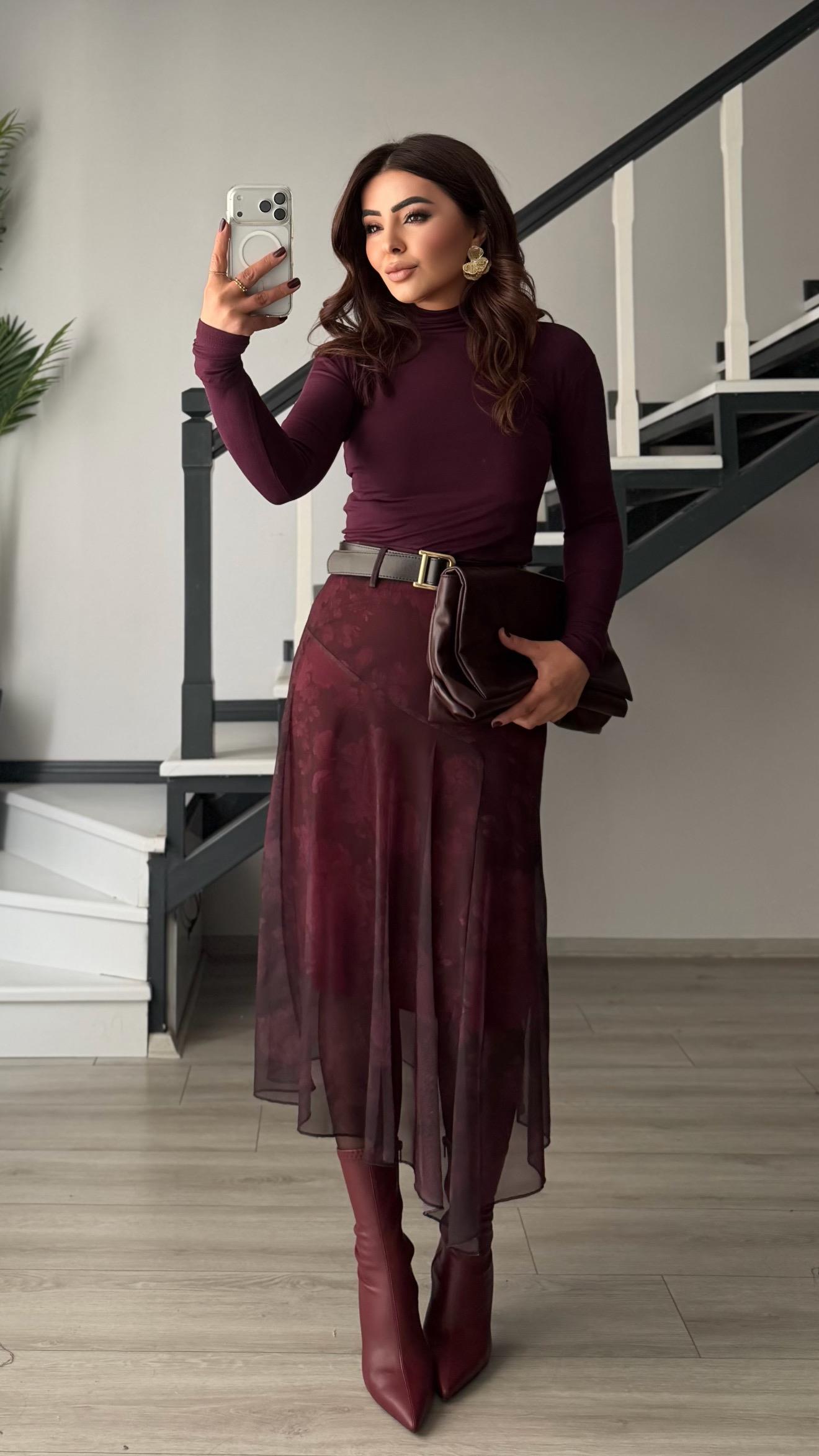 Burgundy Belted Asymmetrical Tulle Skirt with Floral Motif and Lining