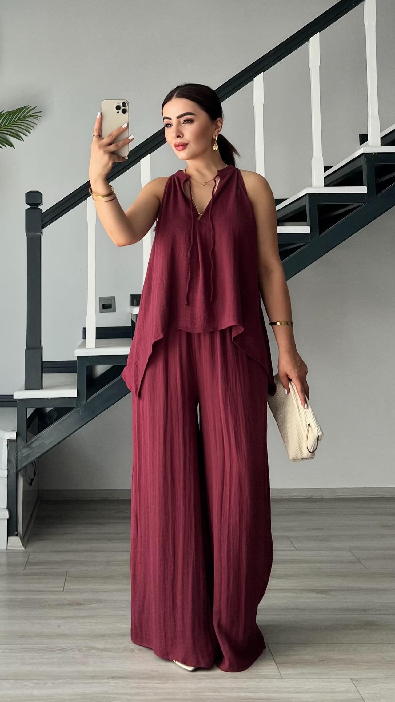 Bordo Kendinden Dokulu Bağlamalı Bluz-Pantolon Takım