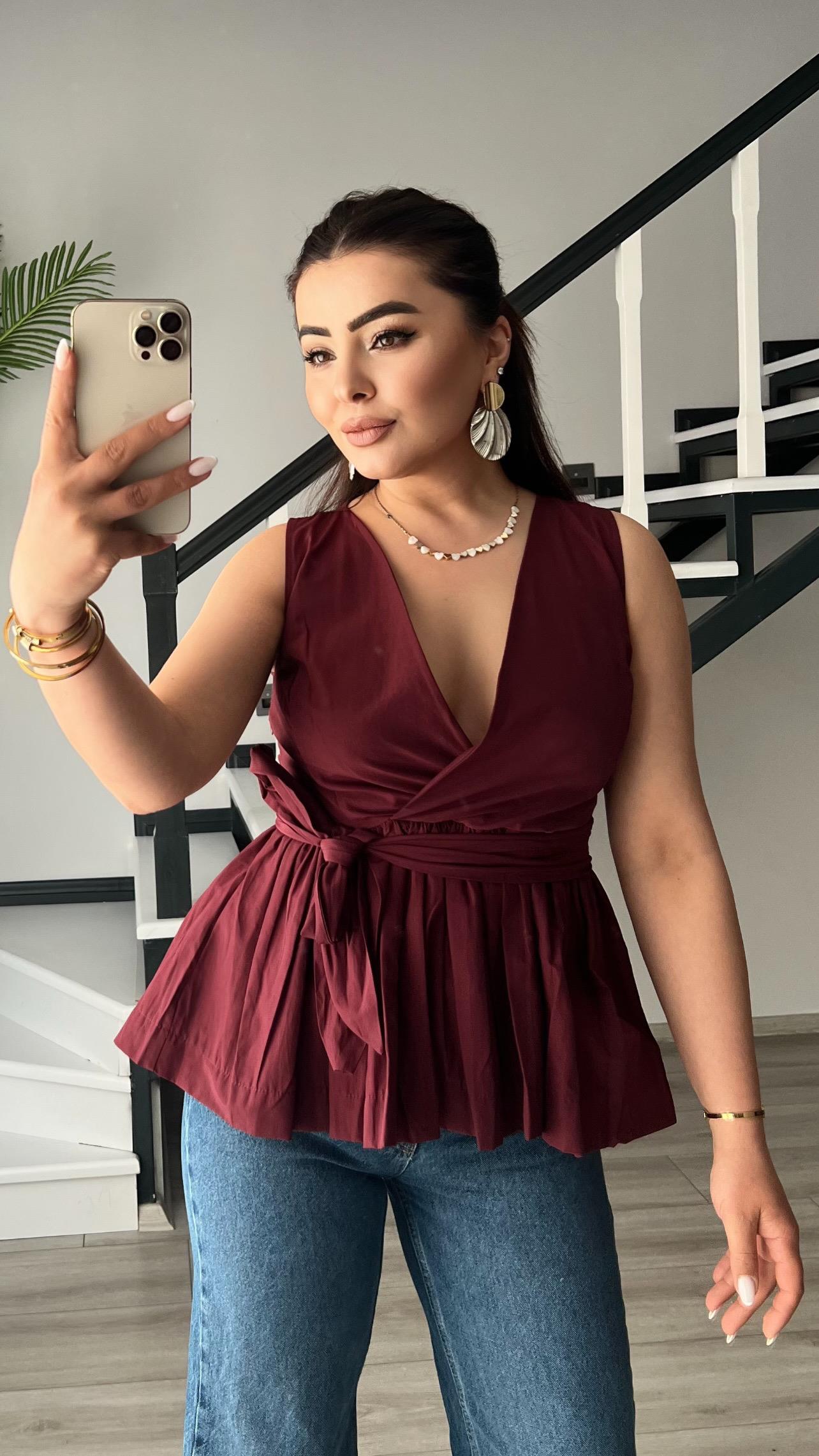 Bordo Kuşaklı Poplin Bluz 