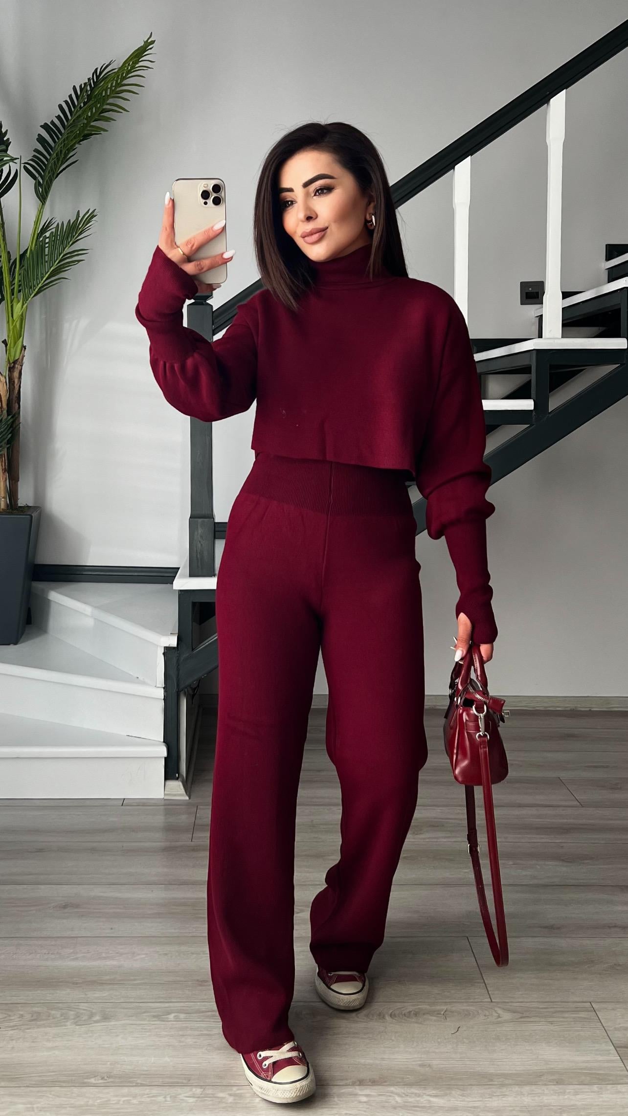 Bordo Parmak Geçmeli Triko Takım