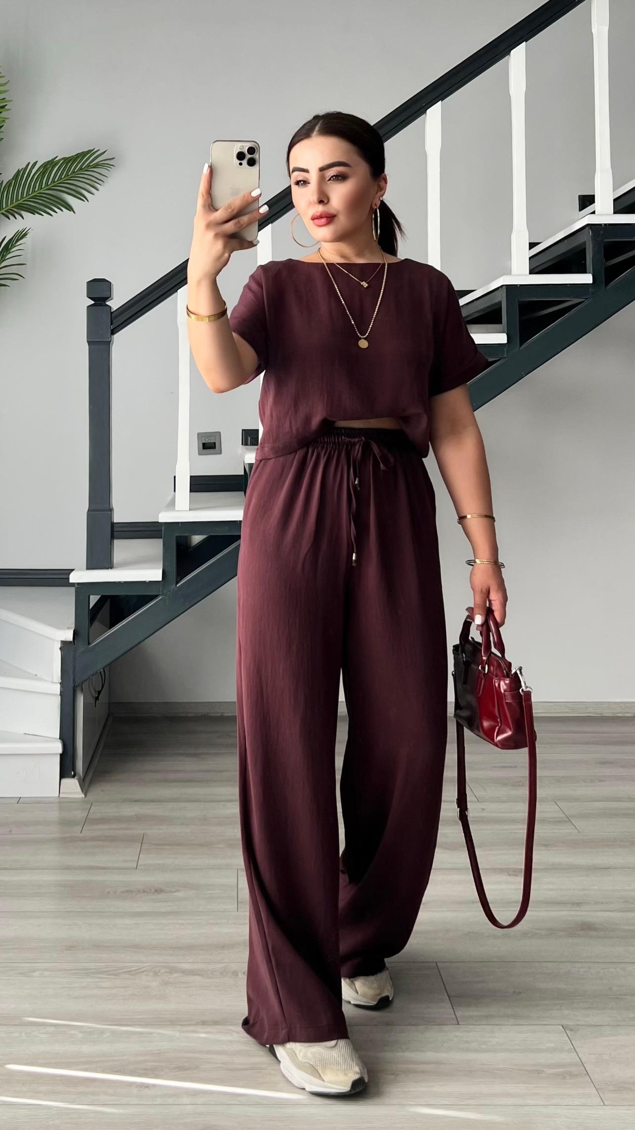 Bordo Premium Tnsel Bluz-Pantolon Takım