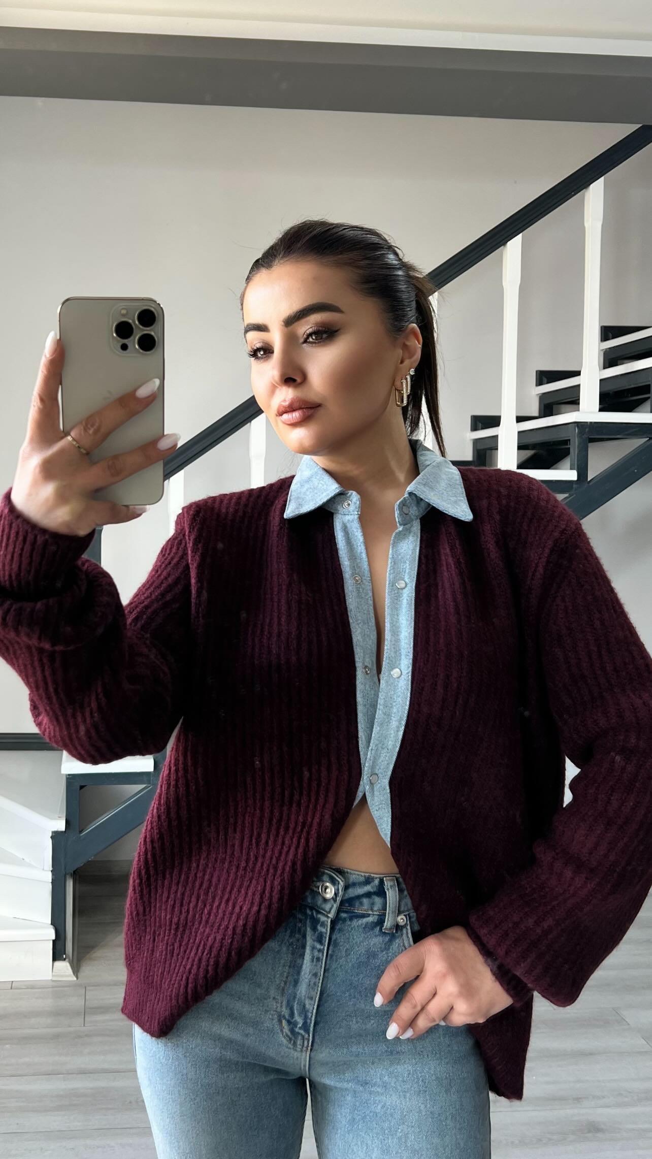 Burgundy Premium Cardigan with Denim Collar and Snap Button Closure