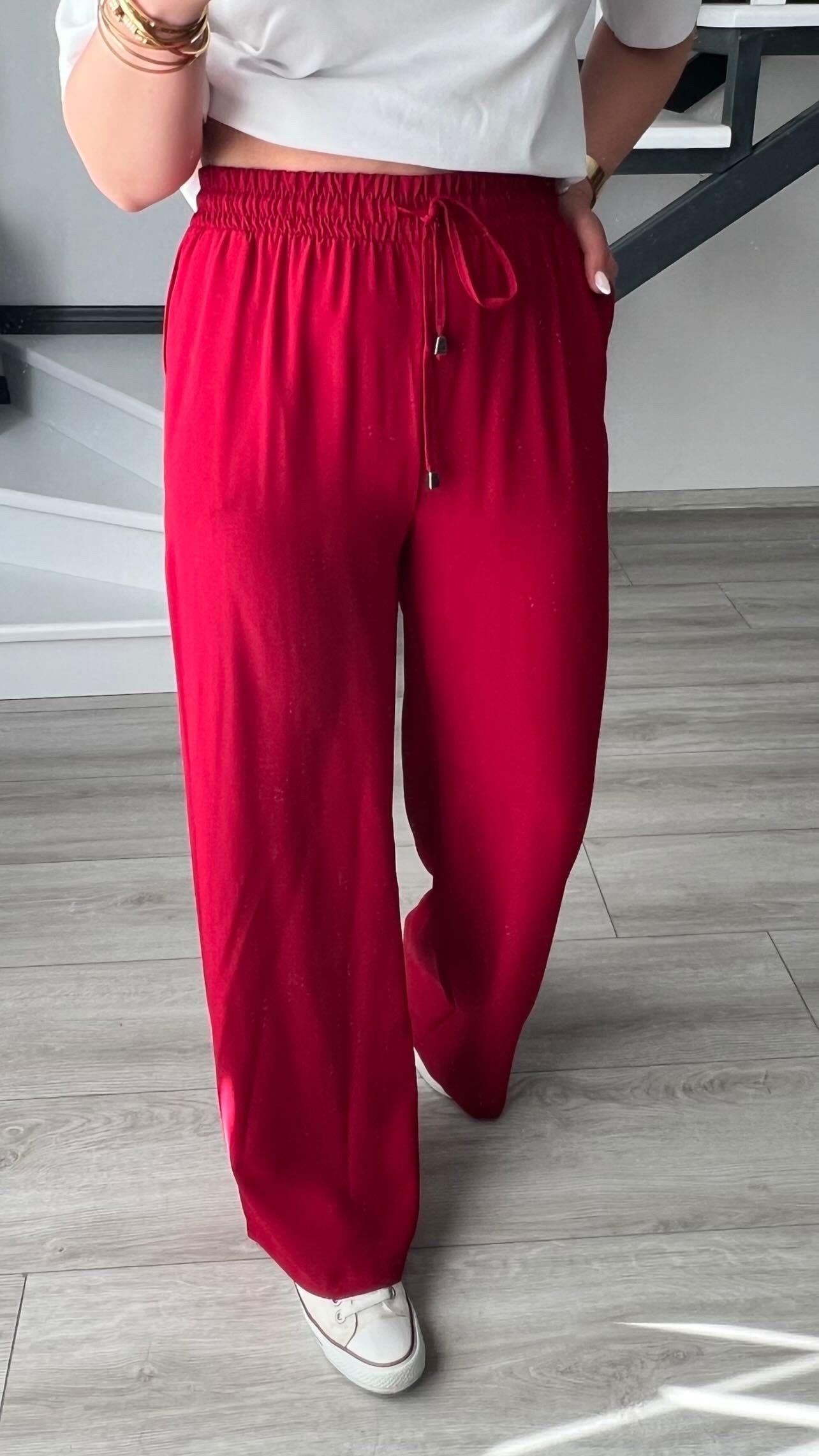 Bordo Tensel Kumaş Bel Lastikli Pantolon