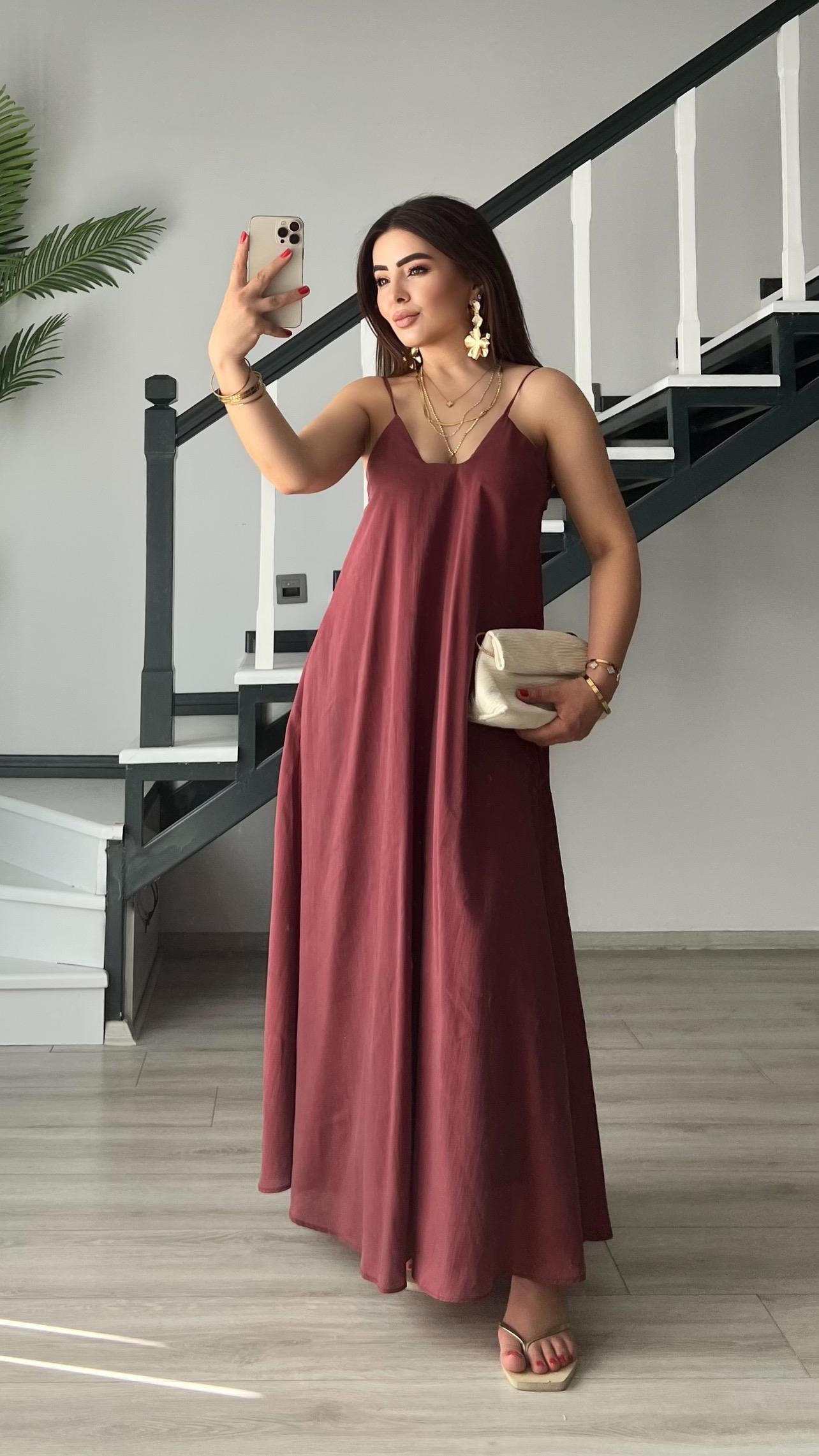 Bordo Tnsel Ayarlanabilir Askılı Cepli Elbise