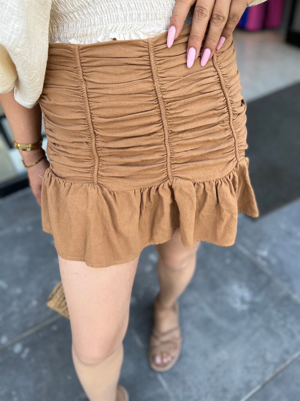 Camel Büzgülü Mini Etek
