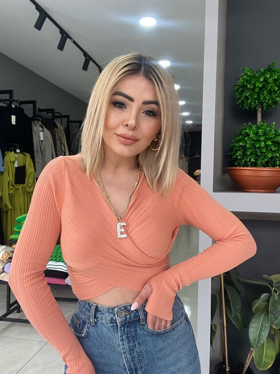 Dilvin Şeftali Parmak Geçmeli Bluz