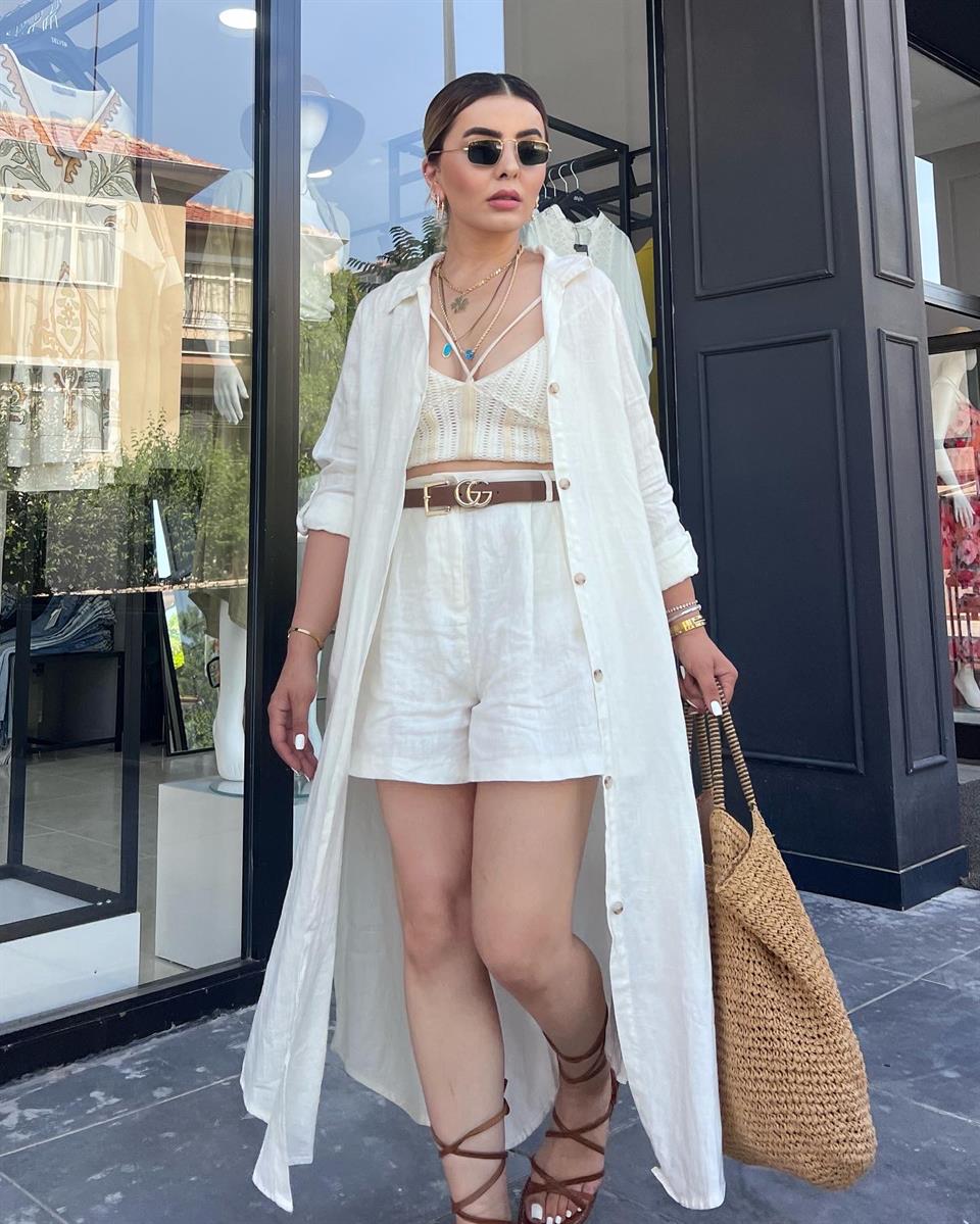 Ekru %100 Ham Keten Boydan Düğmeli Kimono Elbise 