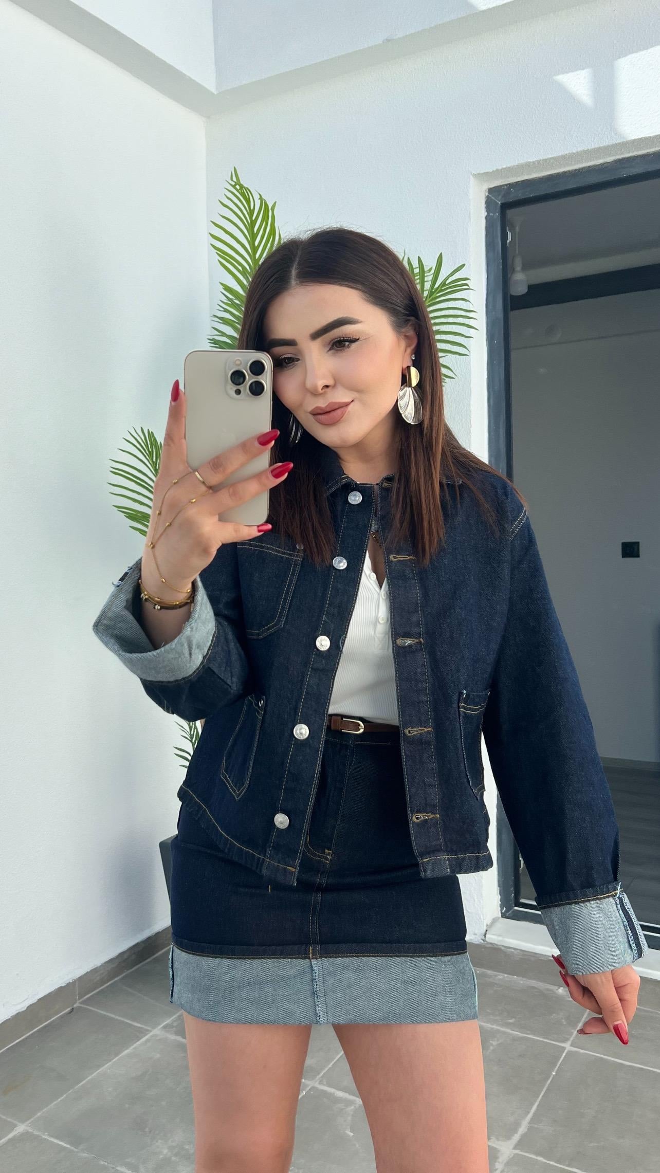 Etek - Ceket Manşeti Katlamalı Denim Takım 