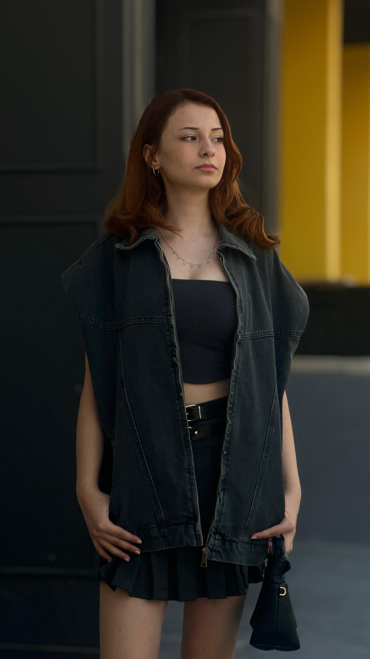 Füme Vatkalı Oversize Denim Yelek 