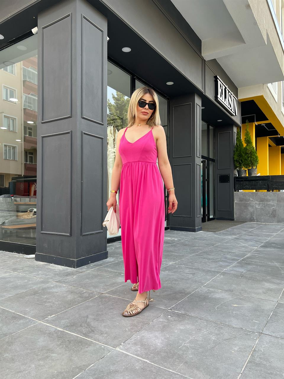 Fuchsia Adjustable Straps Wide Leg Jumpsuit
