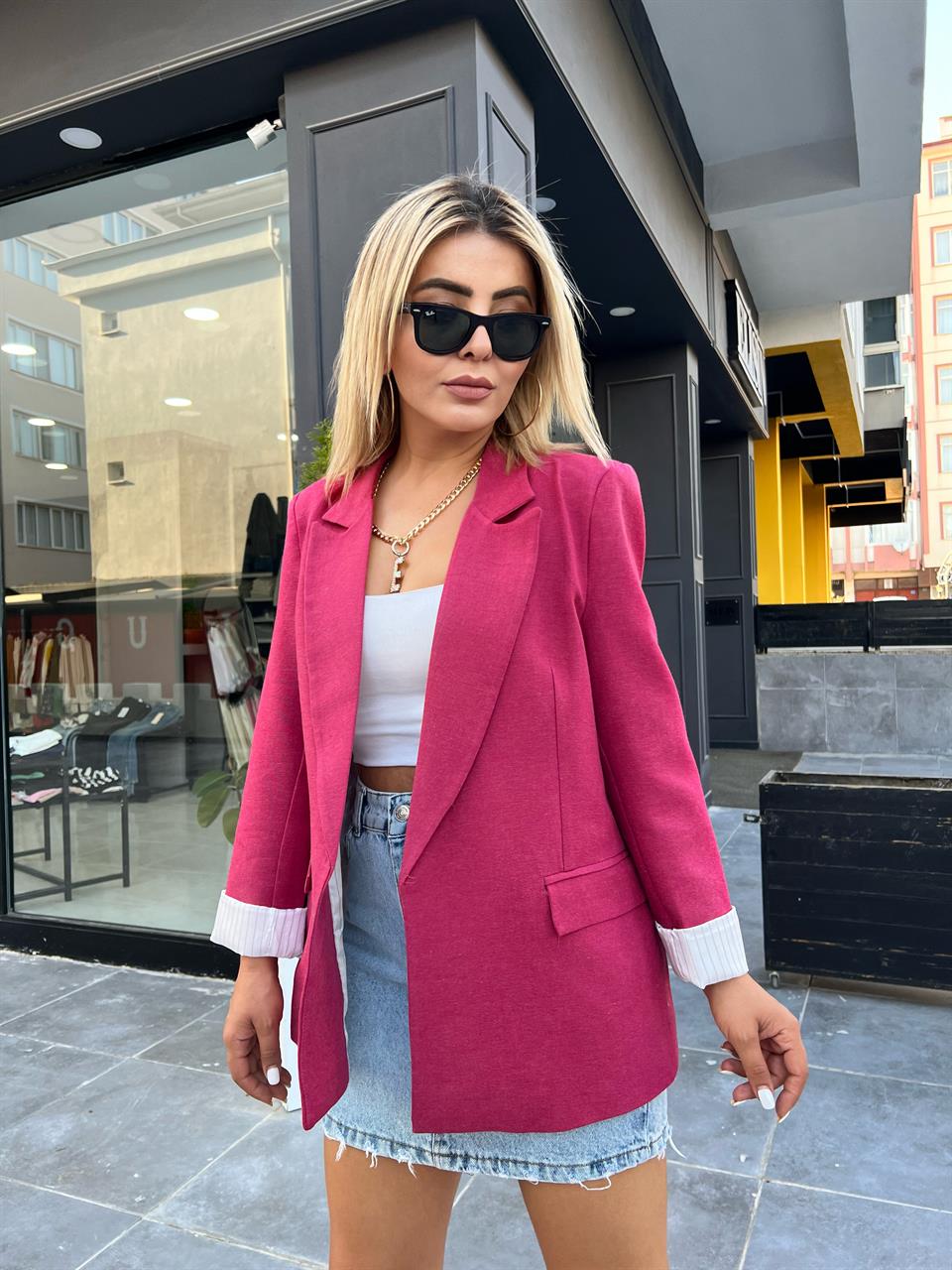 Fuşya Keten Astarı Çizgili Blazer Ceket