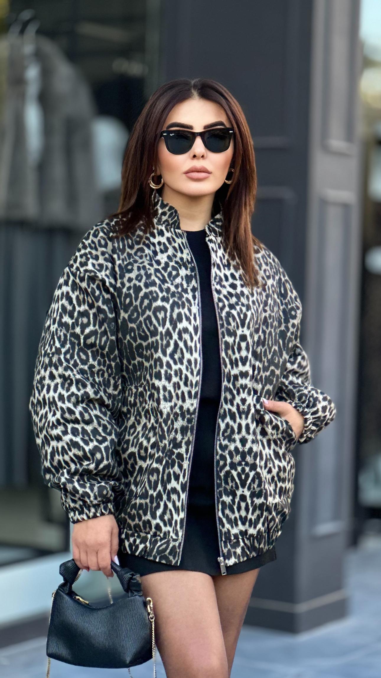 Gri Leopar Desen Bomber Ceket