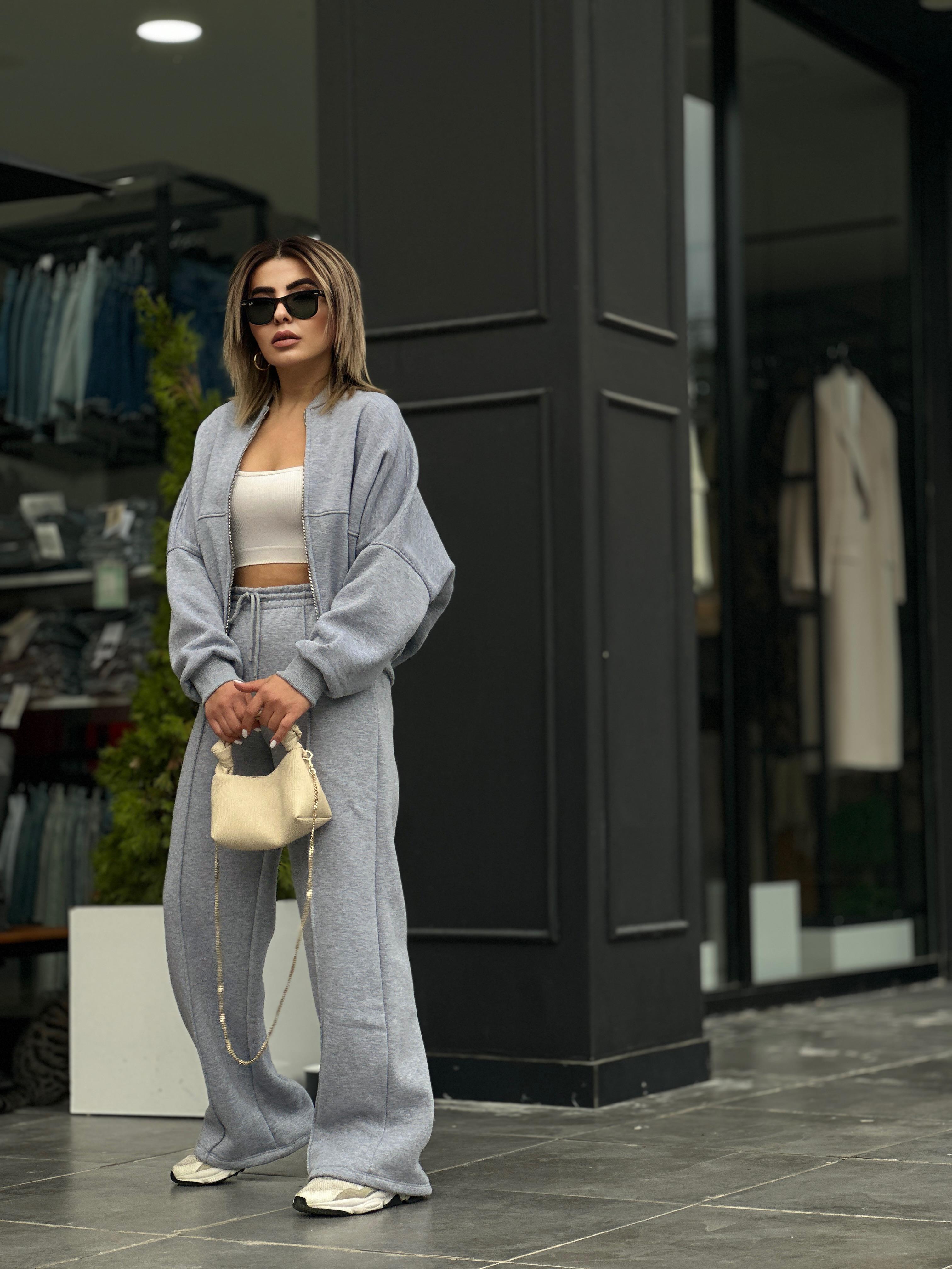 Gri Önden Dikişli Beli Lastikli Fermuarlı Ceket Takım