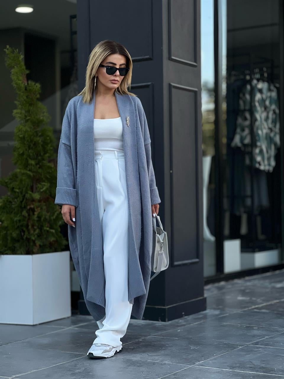 Grey Shawl Collar Knitted Cardigan