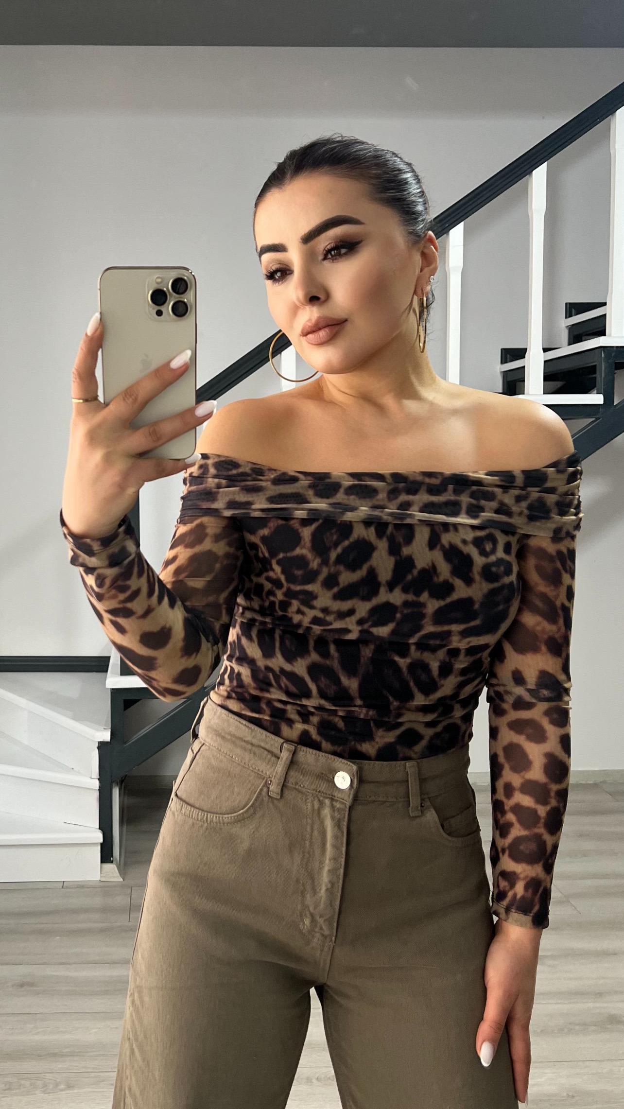 Haki Leopar Desen Tül Bluz 